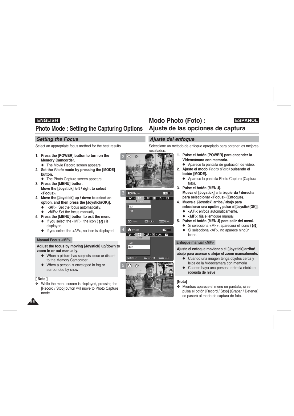 Photo mode : setting the capturing options, Setting the focus, Ajuste del enfoque | English español | Samsung VP-MM11S User Manual | Page 67 / 139