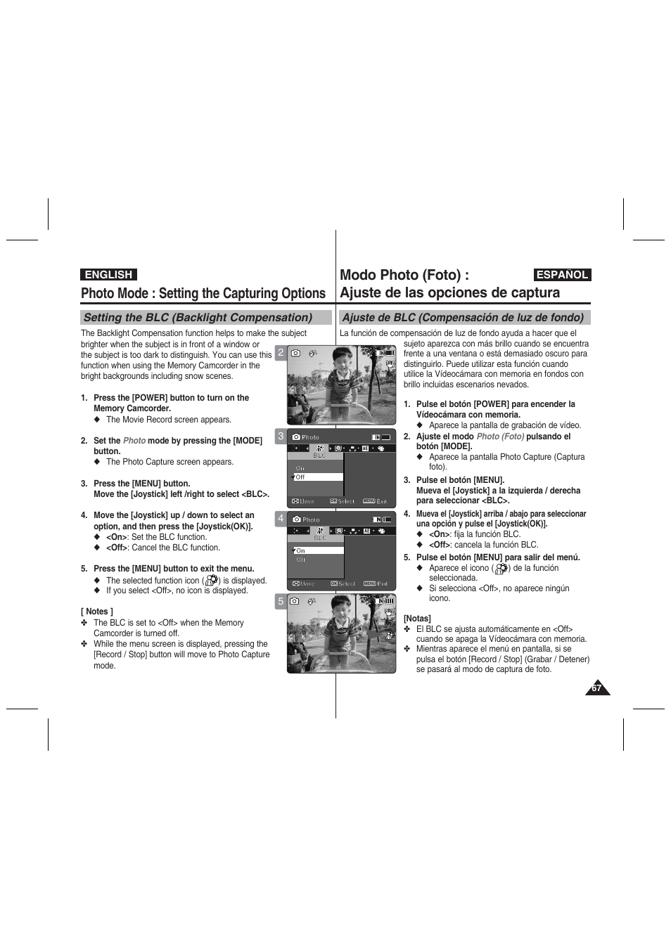 Photo mode : setting the capturing options, Setting the blc (backlight compensation), Ajuste de blc (compensación de luz de fondo) | English español | Samsung VP-MM11S User Manual | Page 68 / 139