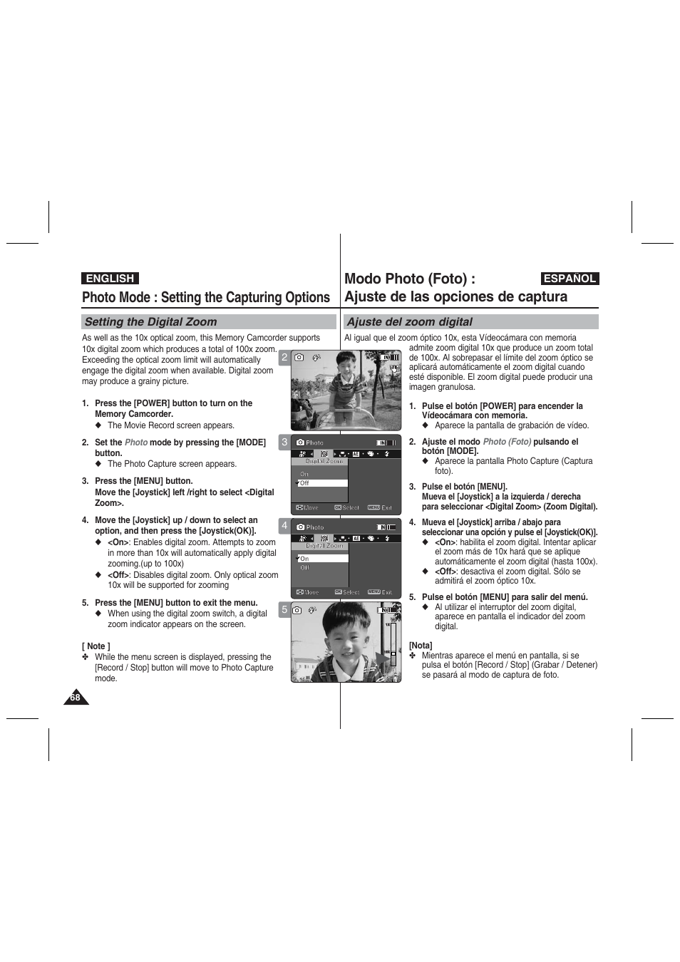 Photo mode : setting the capturing options, Setting the digital zoom, Ajuste del zoom digital | English español | Samsung VP-MM11S User Manual | Page 69 / 139