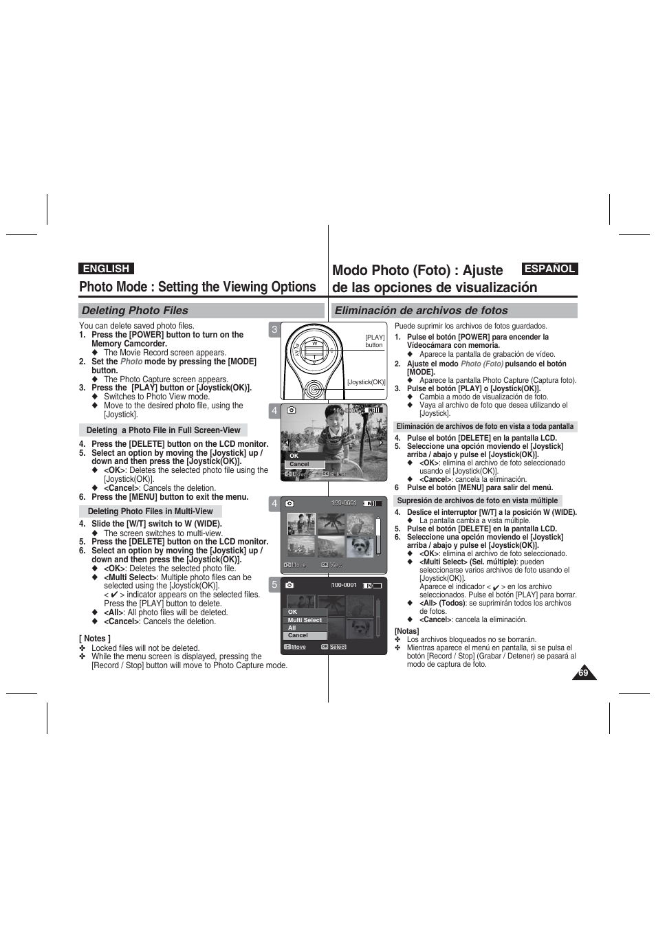 Photo mode : setting the viewing options, Deleting photo files, Eliminación de archivos de fotos | English español | Samsung VP-MM11S User Manual | Page 70 / 139