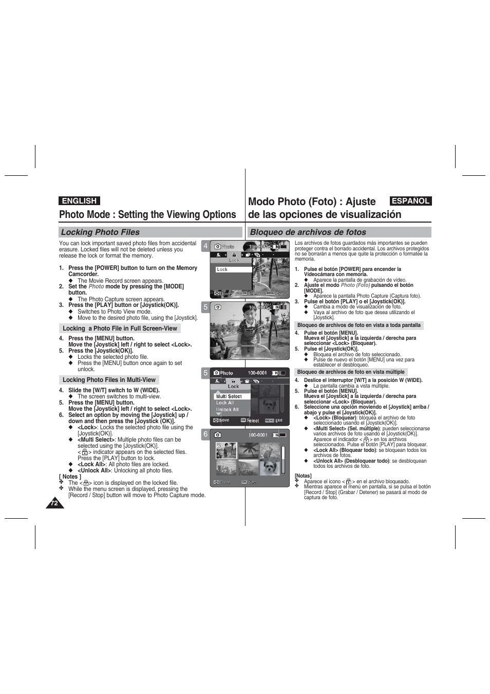 Photo mode : setting the viewing options, Locking photo files, Bloqueo de archivos de fotos | English español | Samsung VP-MM11S User Manual | Page 73 / 139