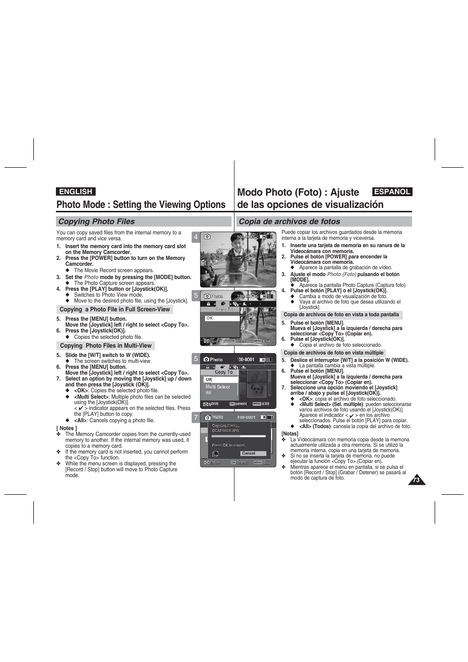 Photo mode : setting the viewing options, Copying photo files, Copia de archivos de fotos | English español | Samsung VP-MM11S User Manual | Page 74 / 139
