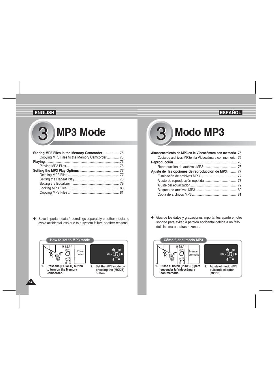 Mp3 mode, Modo mp3 | Samsung VP-MM11S User Manual | Page 75 / 139