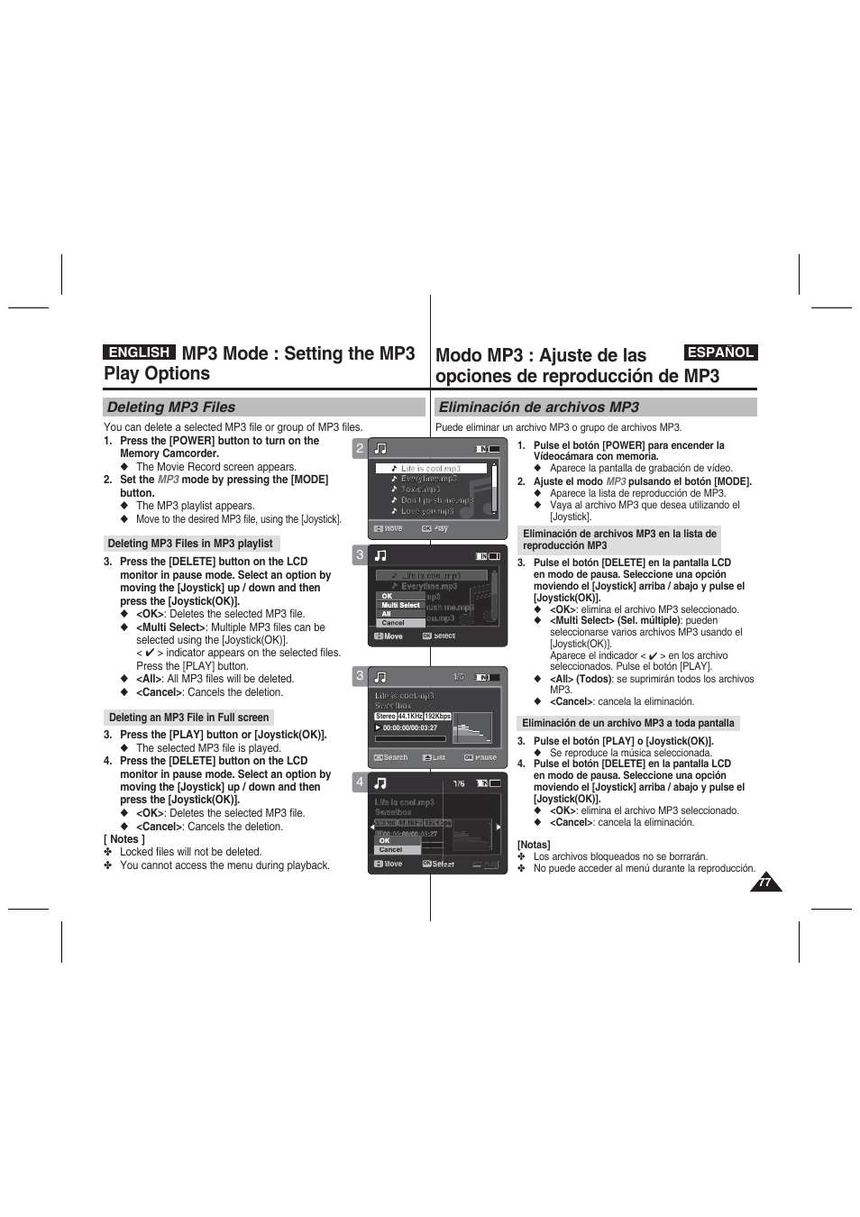 Mp3 mode : setting the mp3 play options, Deleting mp3 files, Eliminación de archivos mp3 | English español | Samsung VP-MM11S User Manual | Page 78 / 139