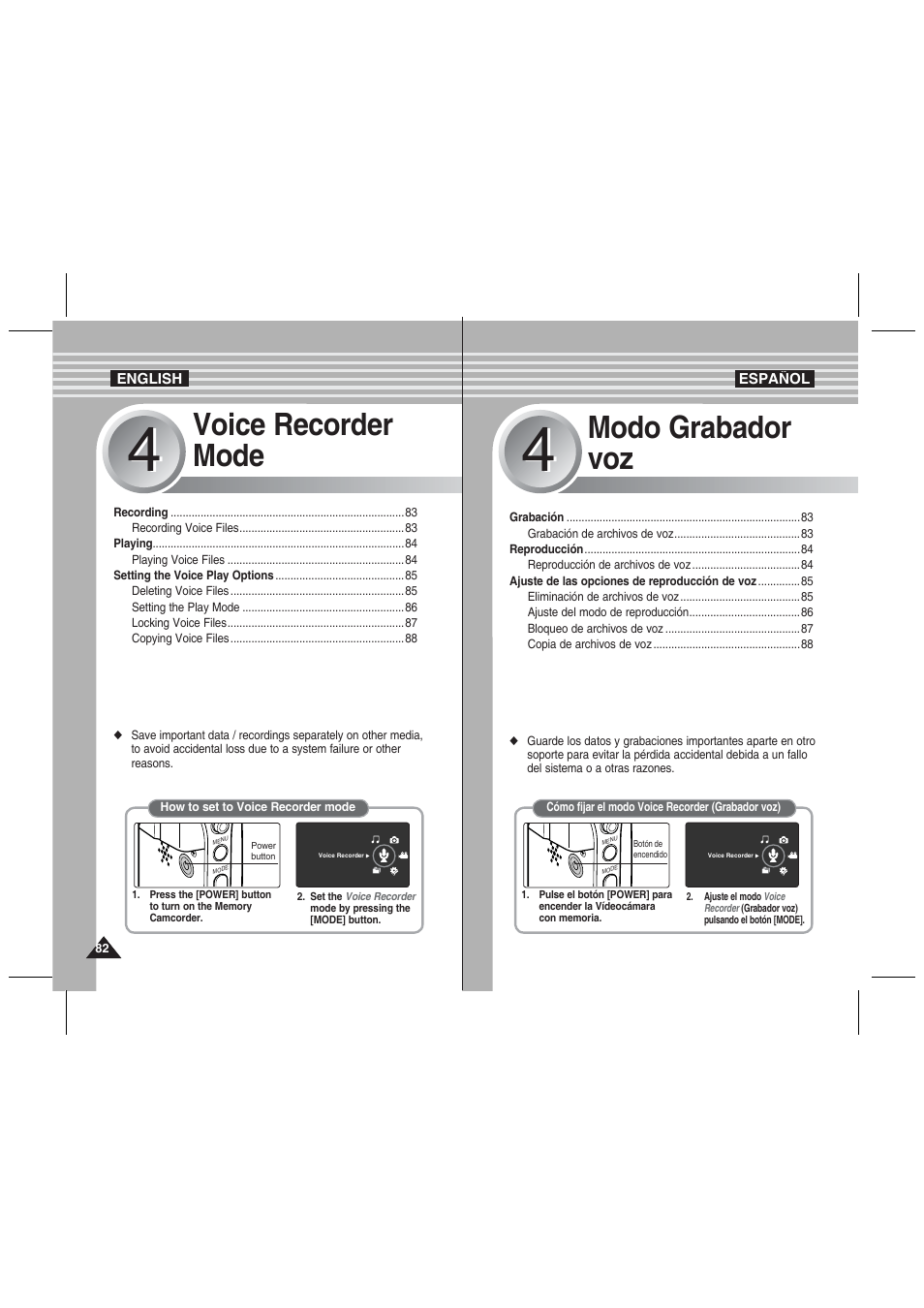 Voice recorder mode, Modo grabador voz | Samsung VP-MM11S User Manual | Page 83 / 139