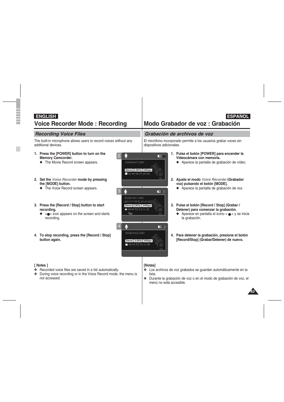 Voice recorder mode : recording, Modo grabador de voz : grabación, Recording voice files | Grabación de archivos de voz, English español | Samsung VP-MM11S User Manual | Page 84 / 139