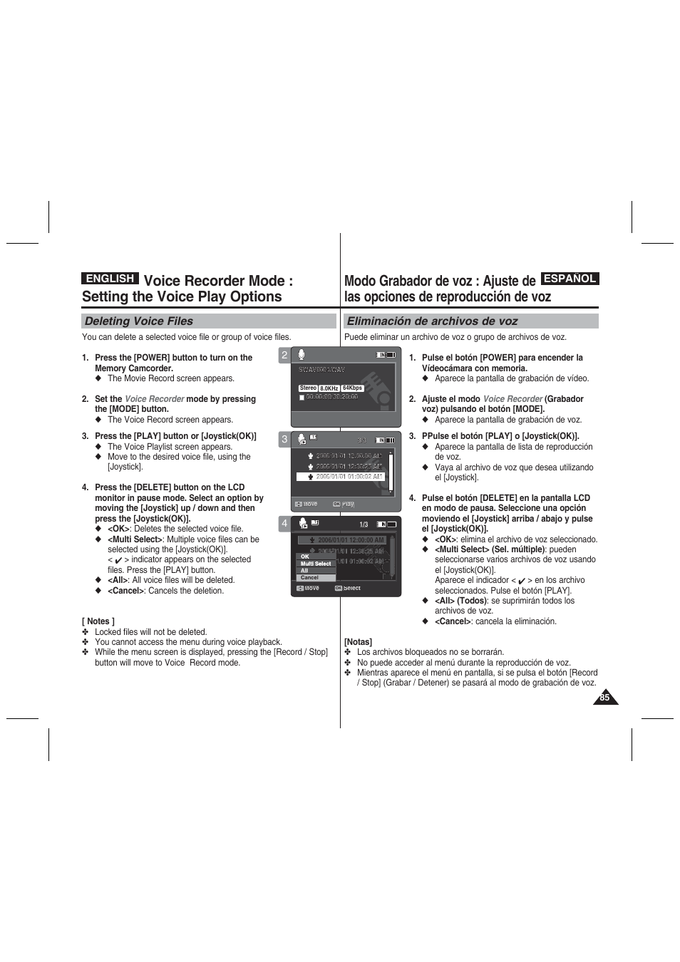 Deleting voice files, Eliminación de archivos de voz, English español | Samsung VP-MM11S User Manual | Page 86 / 139