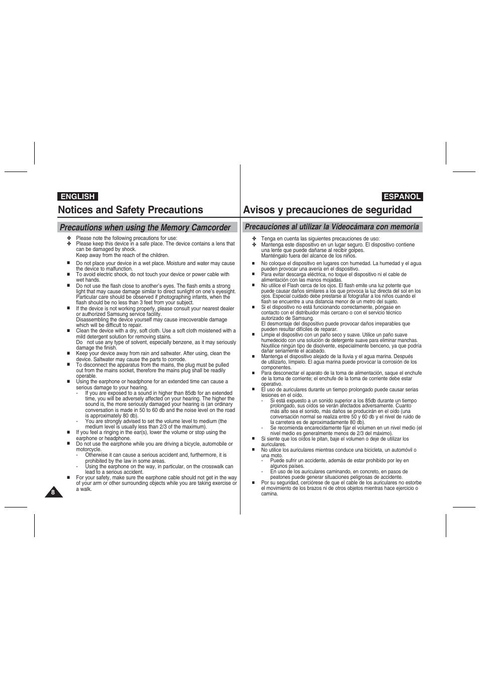 Notices and safety precautions, Avisos y precauciones de seguridad, English español | Samsung VP-MM11S User Manual | Page 9 / 139