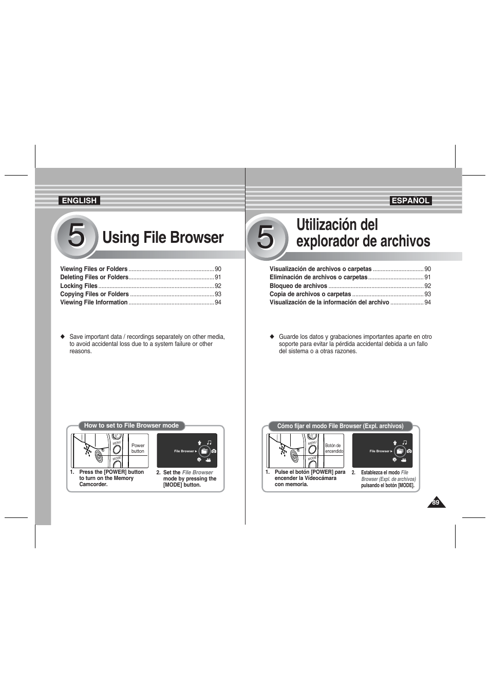 Using file browser, Utilización del explorador de archivos | Samsung VP-MM11S User Manual | Page 90 / 139