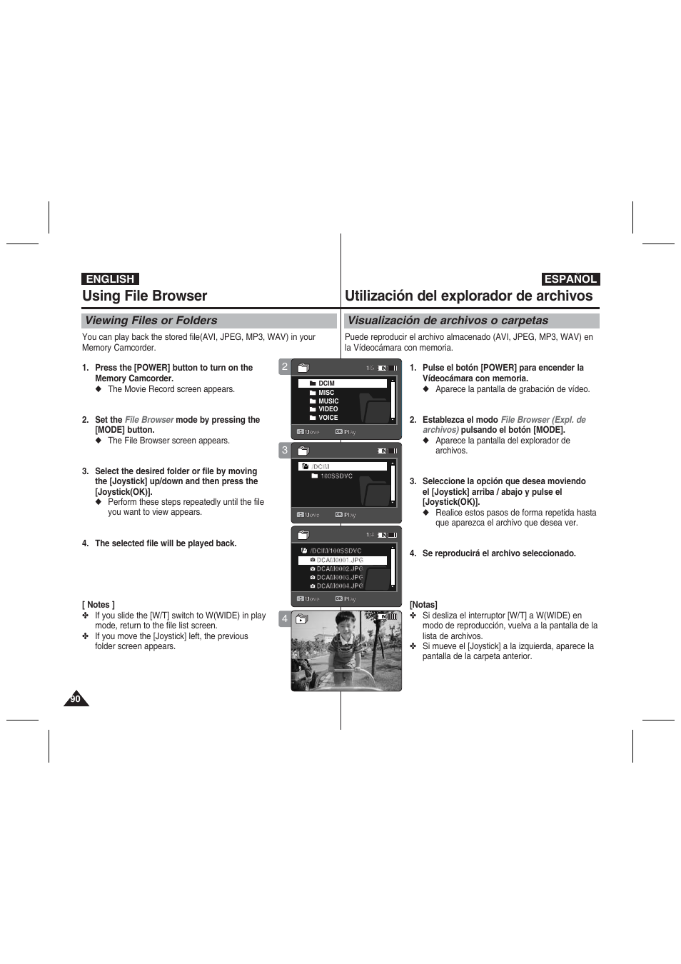 Using file browser, Utilización del explorador de archivos, Viewing files or folders | Visualización de archivos o carpetas, English español | Samsung VP-MM11S User Manual | Page 91 / 139