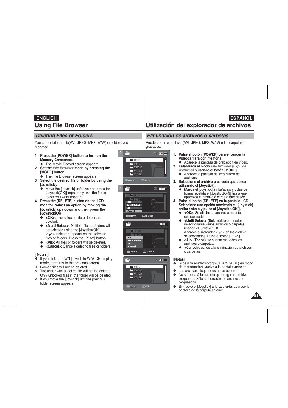 Using file browser, Utilización del explorador de archivos, Deleting files or folders | Eliminación de archivos o carpetas, English español | Samsung VP-MM11S User Manual | Page 92 / 139