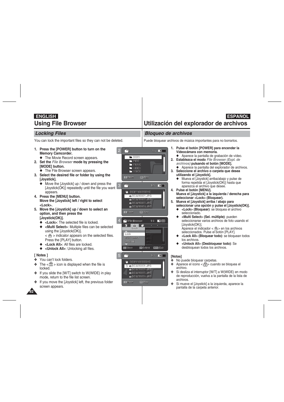 Using file browser, Utilización del explorador de archivos, Locking files | Bloqueo de archivos, English español | Samsung VP-MM11S User Manual | Page 93 / 139