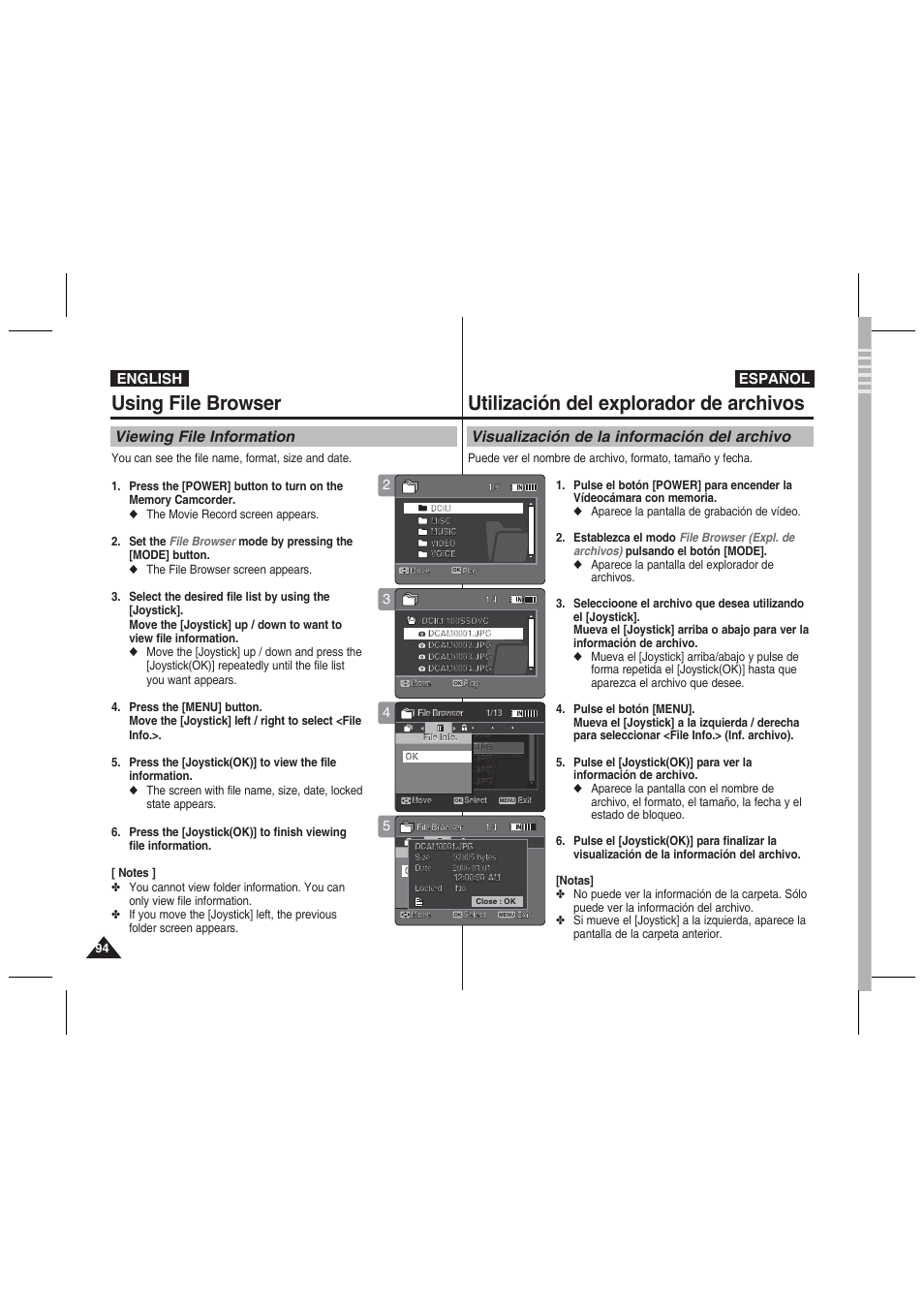 Using file browser, Utilización del explorador de archivos, Viewing file information | Visualización de la información del archivo, English español | Samsung VP-MM11S User Manual | Page 95 / 139