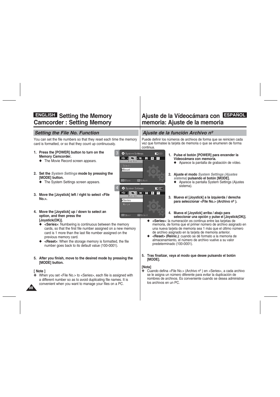 Setting the file no. function, Ajuste de la función archivo nº, English español | Samsung VP-MM11S User Manual | Page 99 / 139