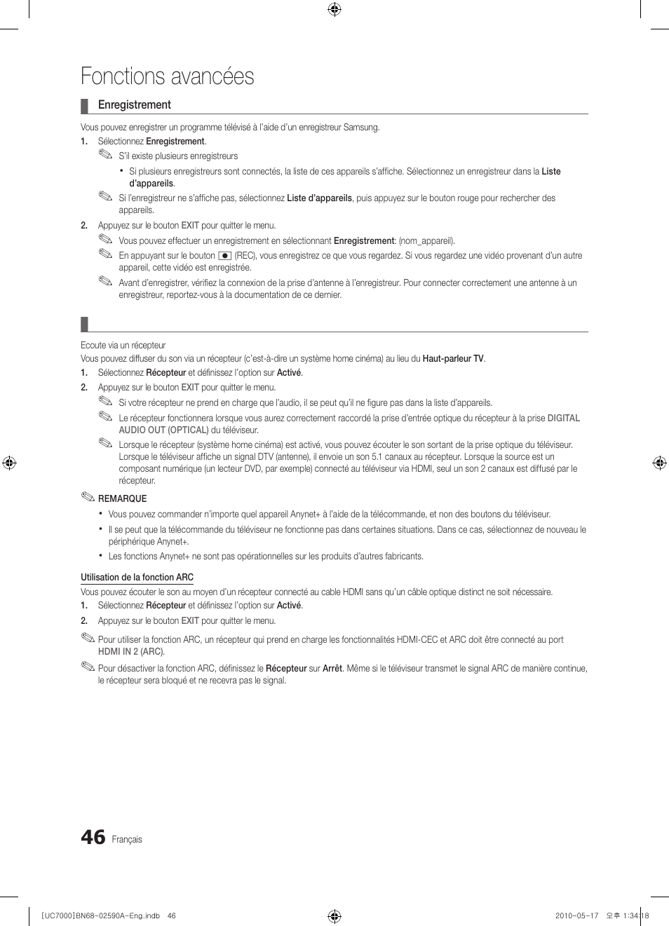 Fonctions avancées | Samsung UE40C7000WW User Manual | Page 108 / 374