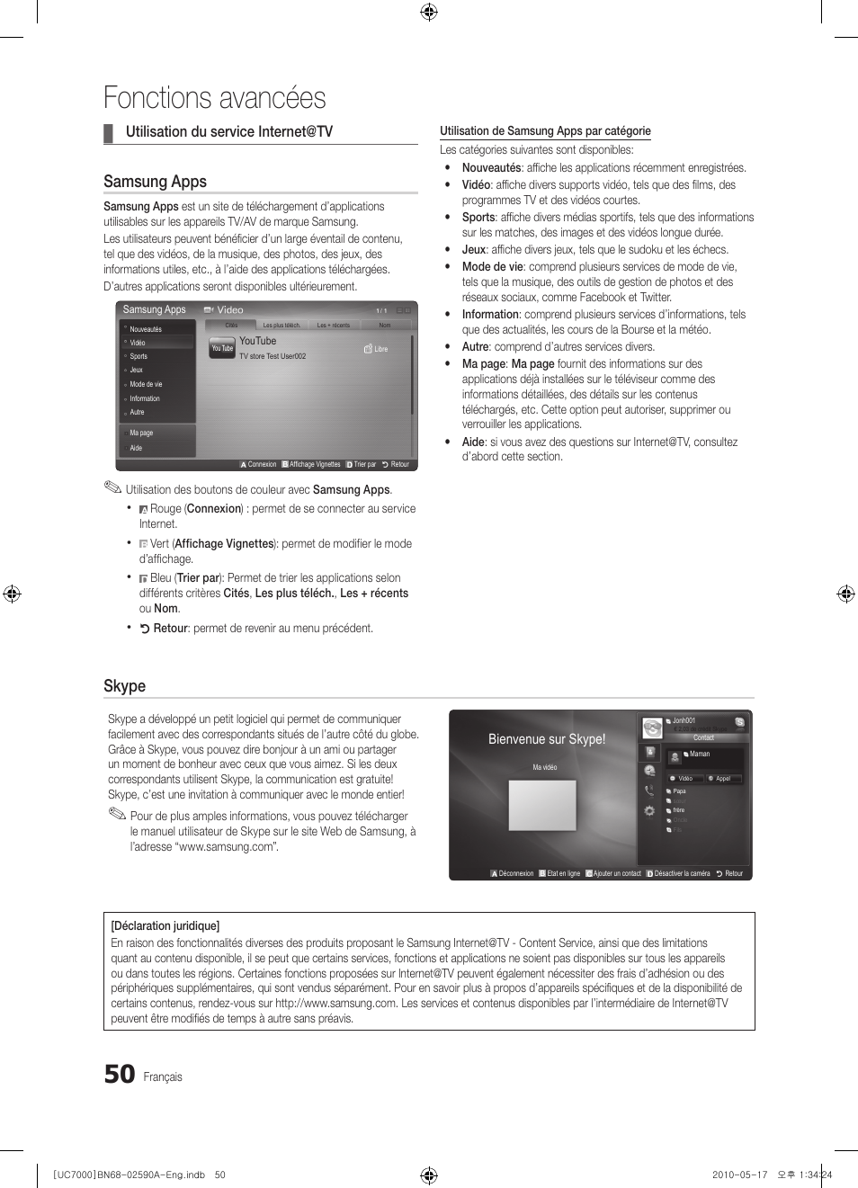 Fonctions avancées, Samsung apps, Skype | Utilisation du service internet@tv | Samsung UE40C7000WW User Manual | Page 112 / 374