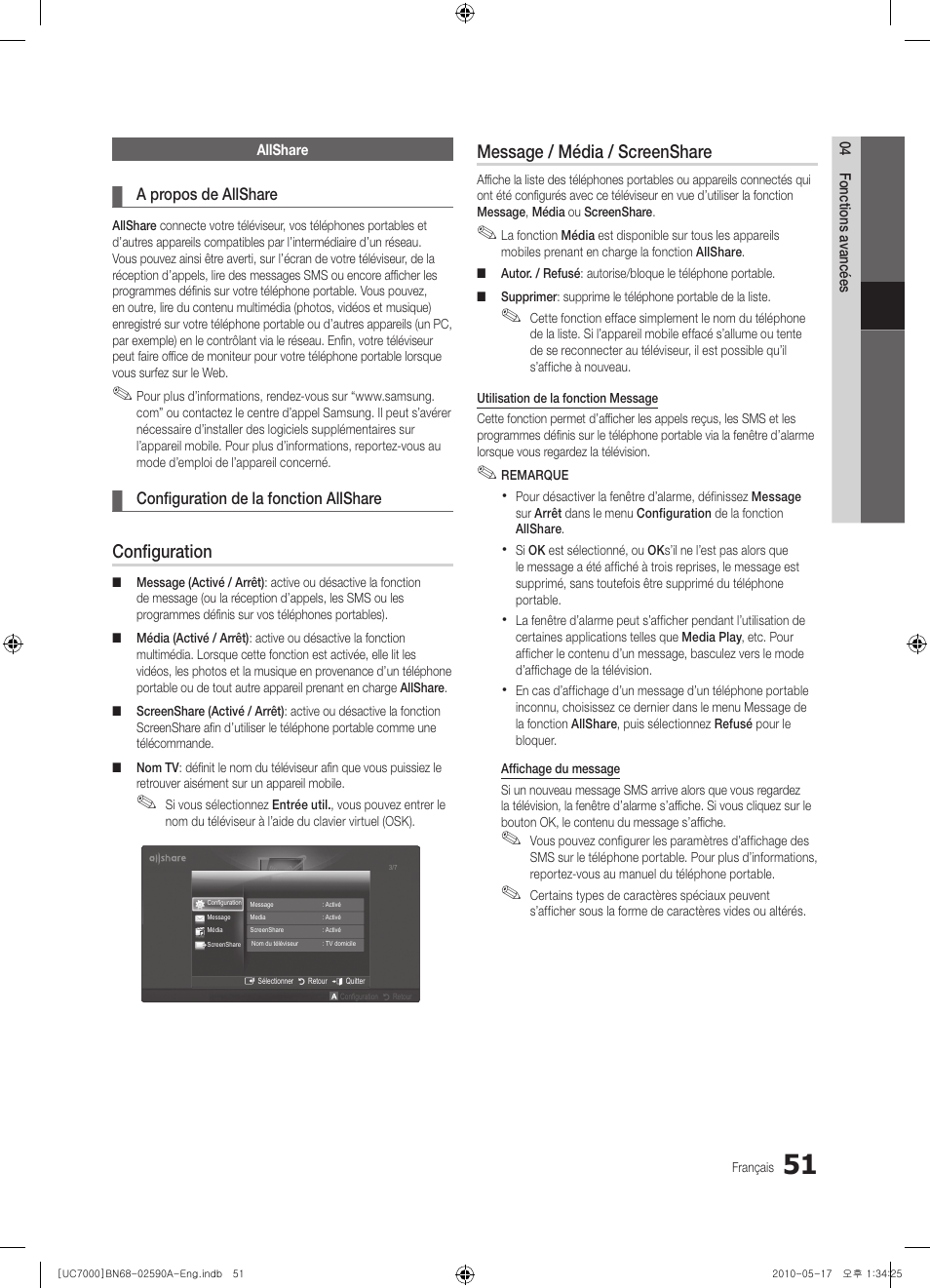 Configuration, Message / média / screenshare | Samsung UE40C7000WW User Manual | Page 113 / 374