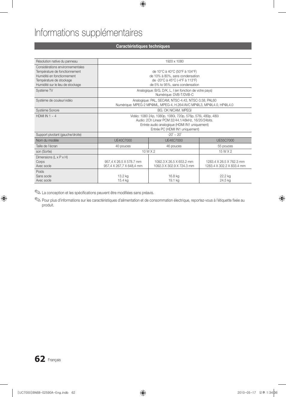 Informations supplémentaires | Samsung UE40C7000WW User Manual | Page 124 / 374