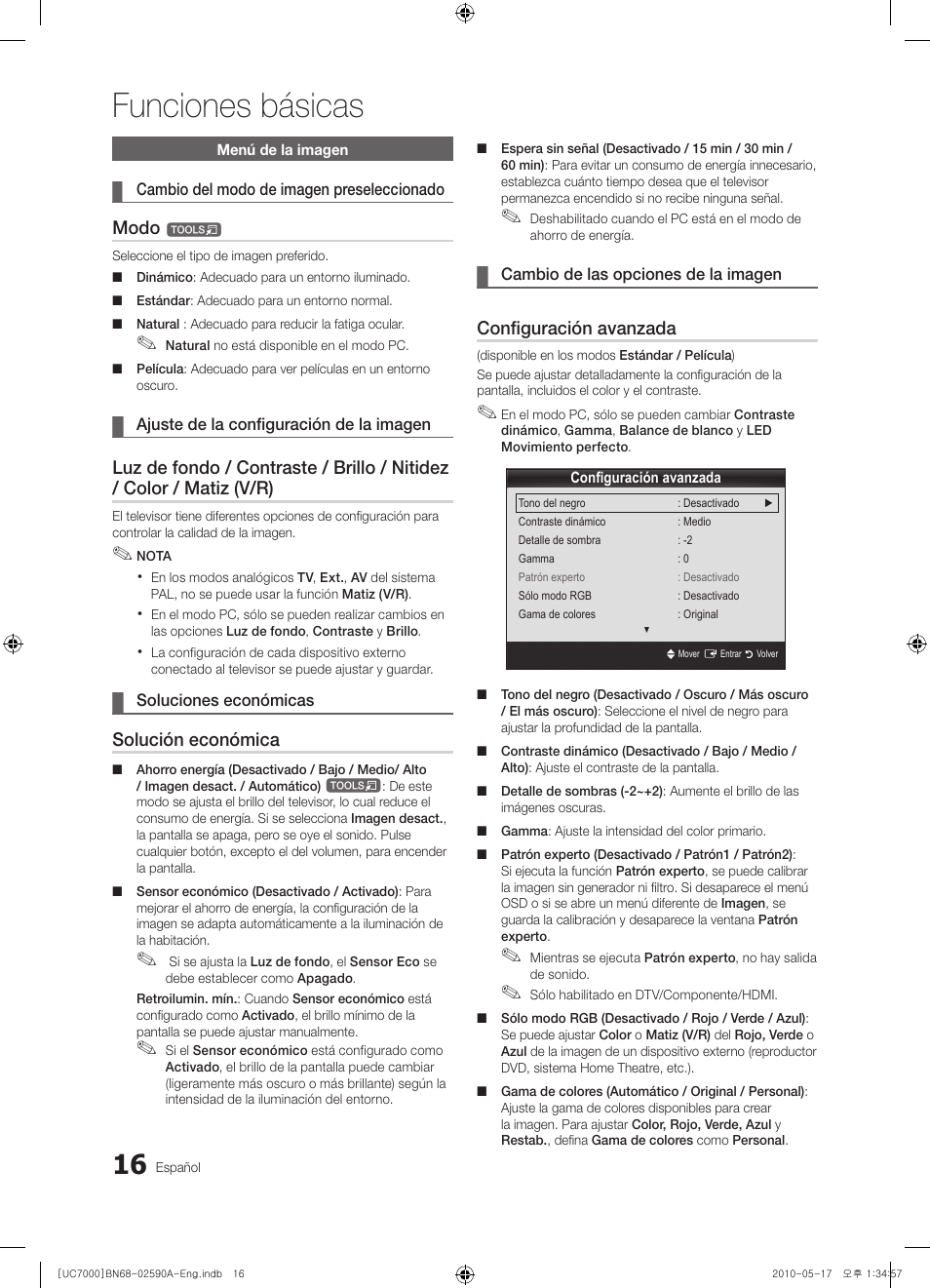 Funciones básicas, Modo, Solución económica | Configuración avanzada | Samsung UE40C7000WW User Manual | Page 140 / 374