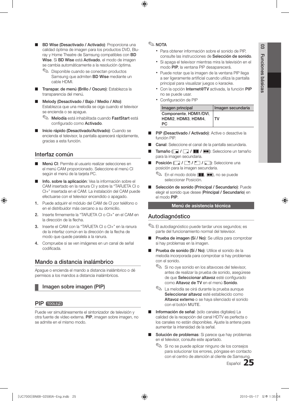 Interfaz común, Mando a distancia inalámbrico, Autodiagnóstico | Samsung UE40C7000WW User Manual | Page 149 / 374