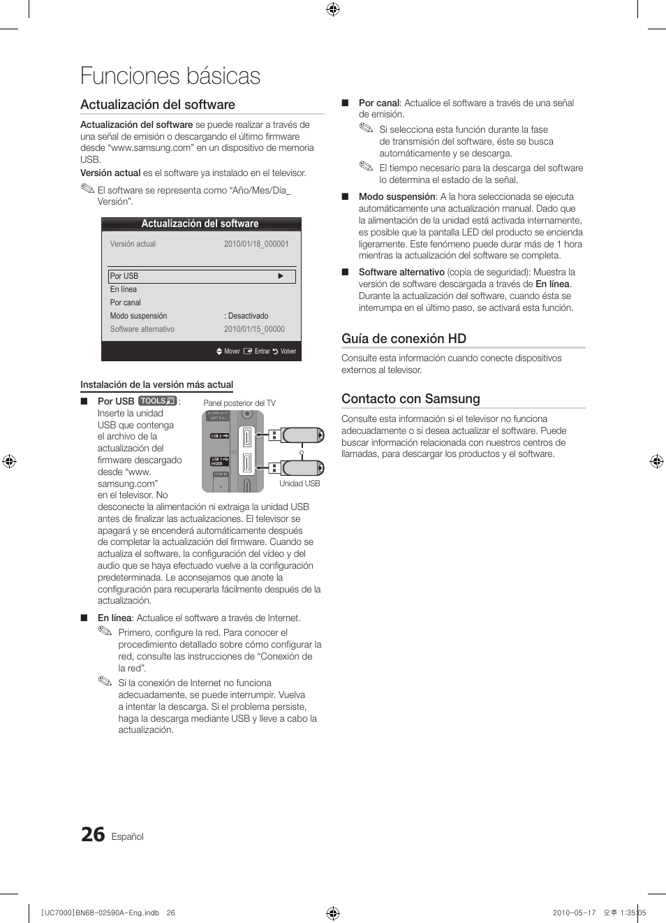Funciones básicas, Actualización del software, Guía de conexión hd | Contacto con samsung | Samsung UE40C7000WW User Manual | Page 150 / 374