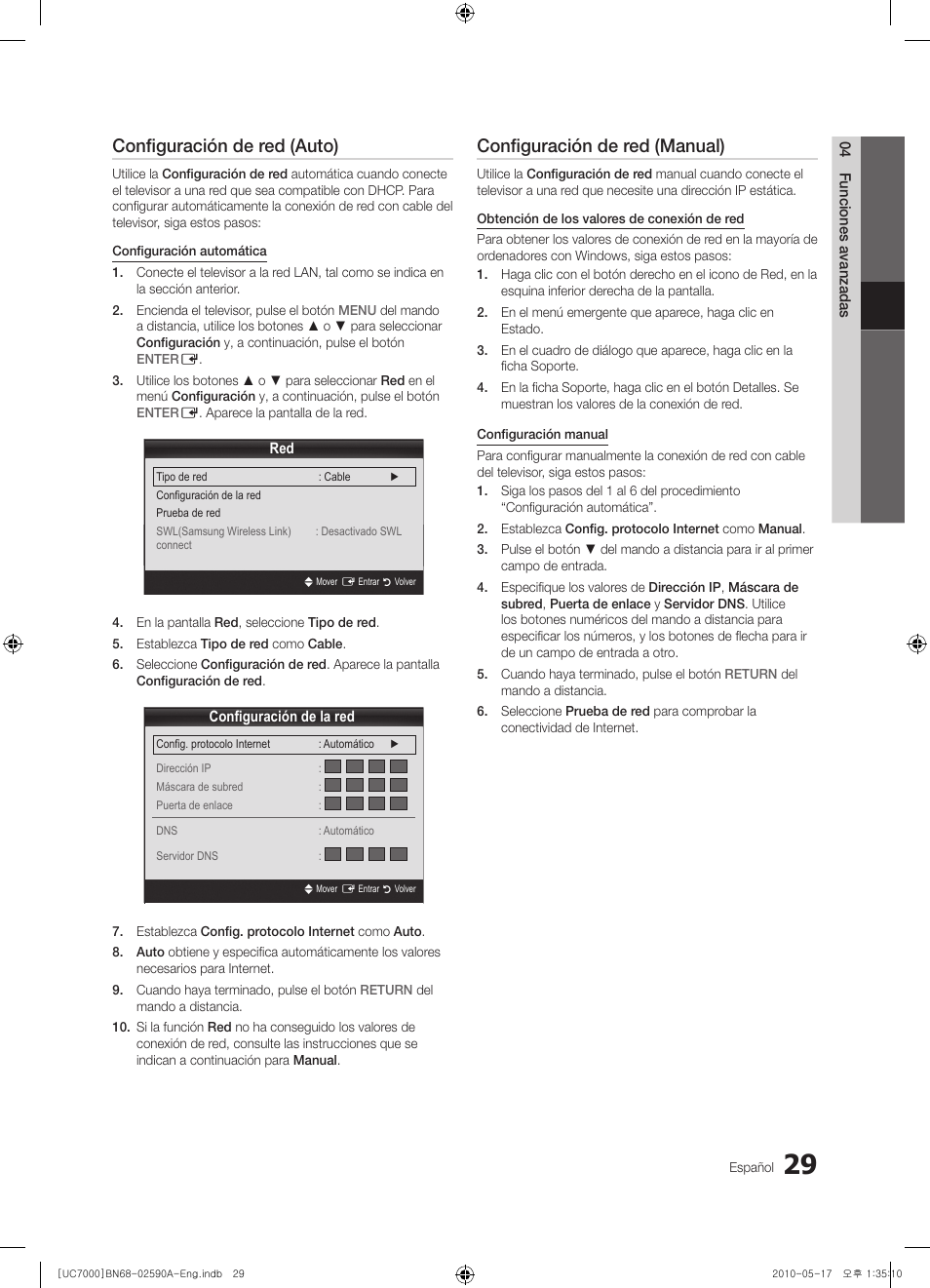 Configuración de red (auto), Configuración de red (manual) | Samsung UE40C7000WW User Manual | Page 153 / 374