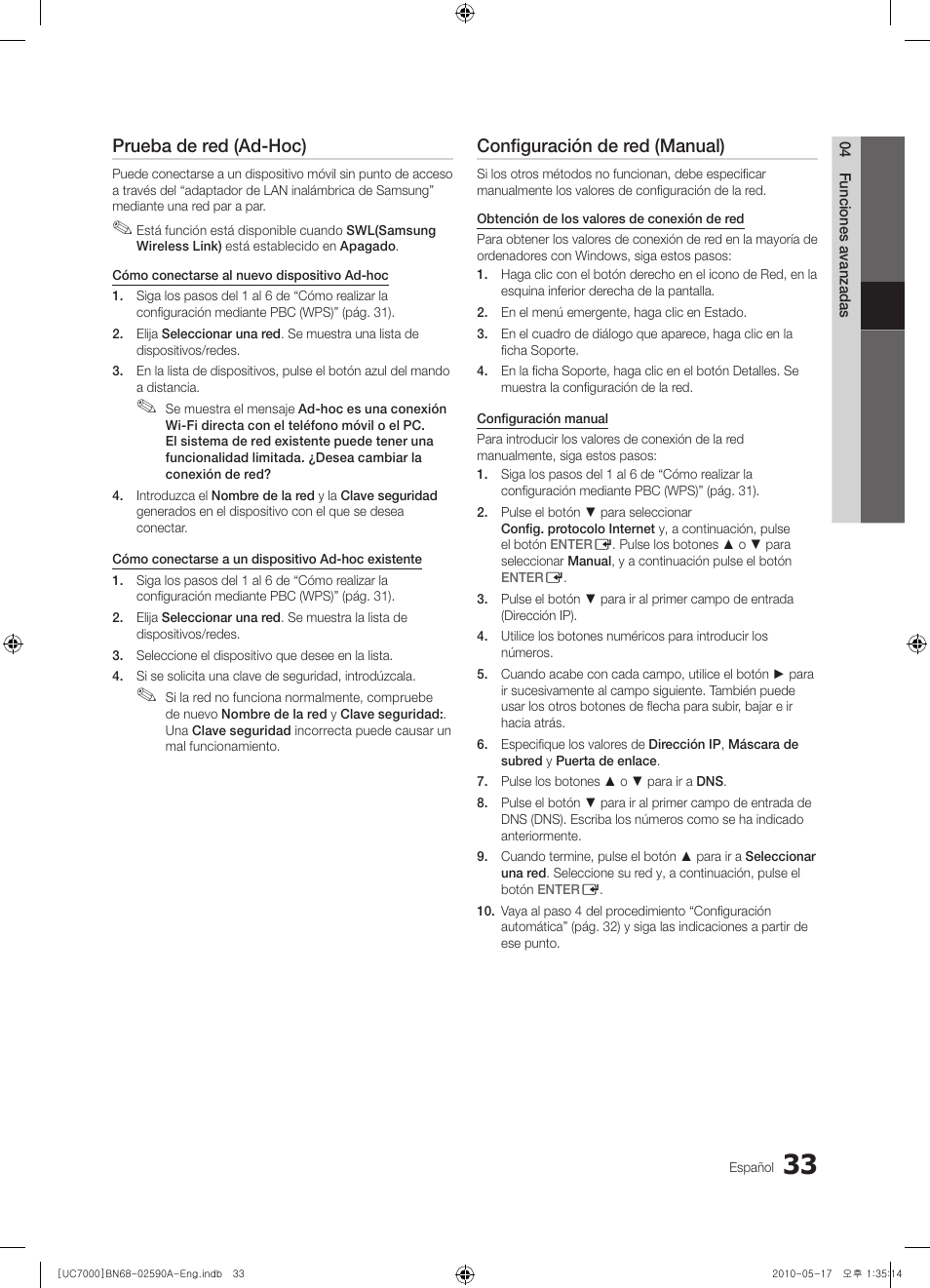 Prueba de red (ad-hoc), Configuración de red (manual) | Samsung UE40C7000WW User Manual | Page 157 / 374