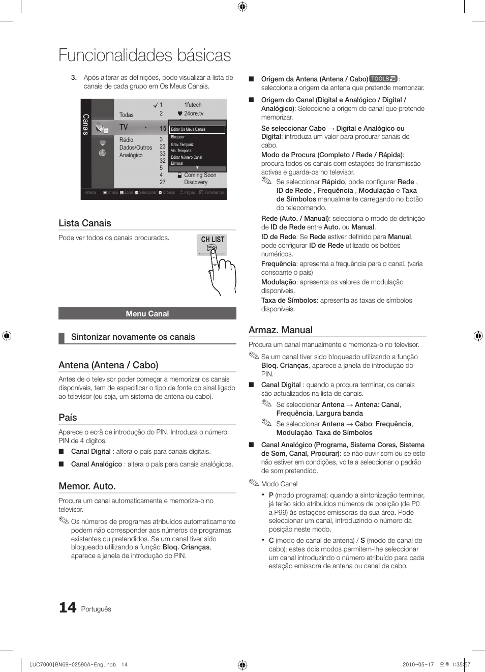 Funcionalidades básicas, Lista canais, Antena (antena / cabo) | País, Armaz. manual | Samsung UE40C7000WW User Manual | Page 200 / 374
