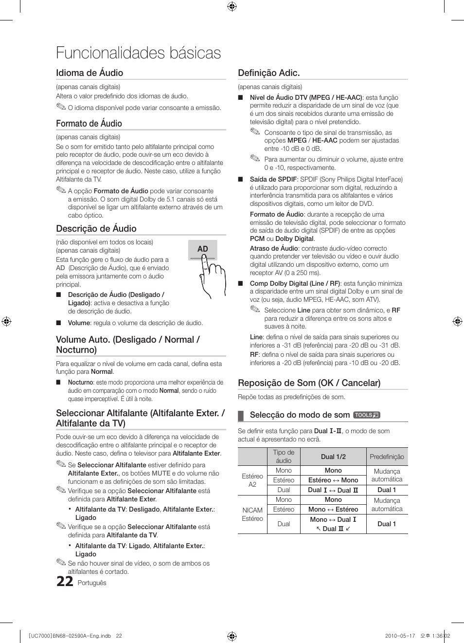 Funcionalidades básicas, Idioma de áudio, Formato de áudio | Descrição de áudio, Volume auto. (desligado / normal / nocturno), Definição adic, Reposição de som (ok / cancelar) | Samsung UE40C7000WW User Manual | Page 208 / 374