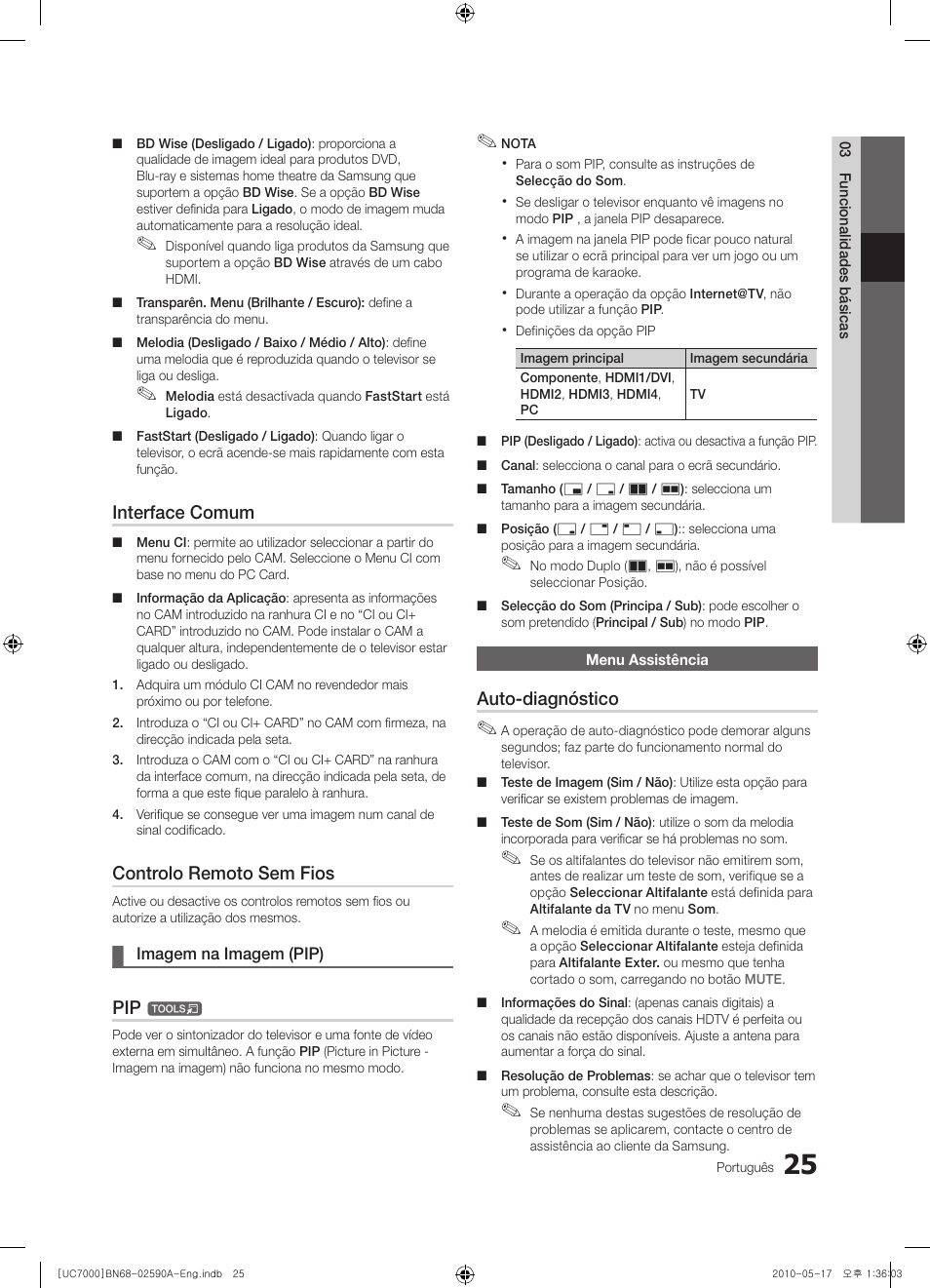 Interface comum, Controlo remoto sem fios, Auto-diagnóstico | Samsung UE40C7000WW User Manual | Page 211 / 374