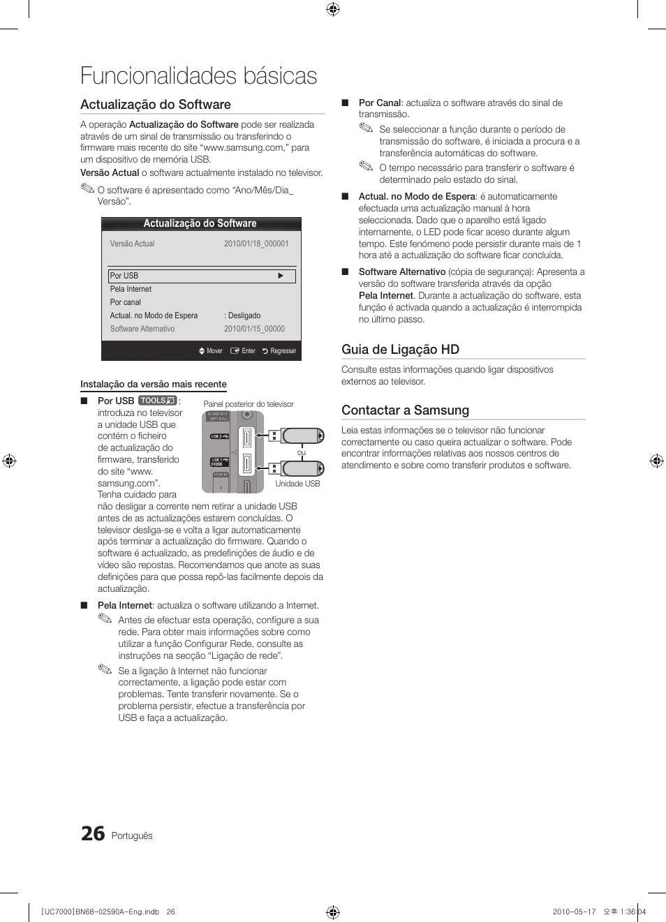 Funcionalidades básicas, Actualização do software, Guia de ligação hd | Contactar a samsung | Samsung UE40C7000WW User Manual | Page 212 / 374