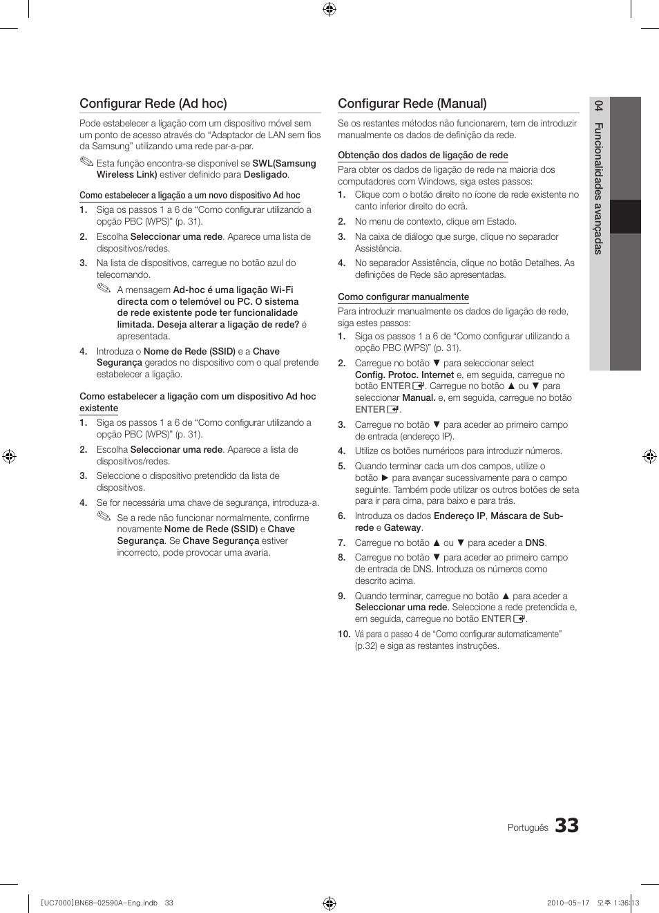 Configurar rede (ad hoc), Configurar rede (manual) | Samsung UE40C7000WW User Manual | Page 219 / 374