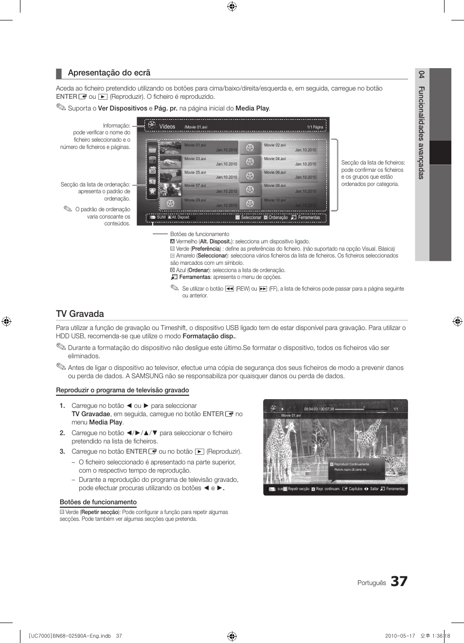 Tv gravada, Apresentação do ecrã | Samsung UE40C7000WW User Manual | Page 223 / 374