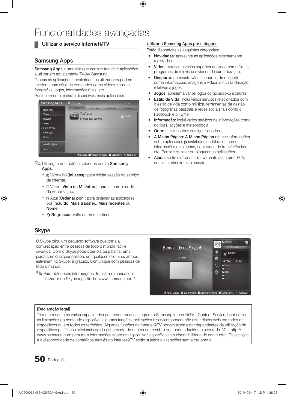 Funcionalidades avançadas, Samsung apps, Skype | Utilizar o serviço internet@tv | Samsung UE40C7000WW User Manual | Page 236 / 374