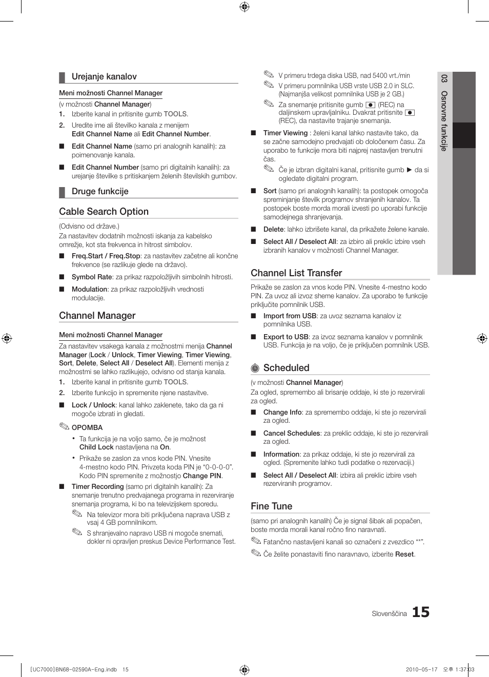 Cable search option, Channel manager, Channel list transfer | Scheduled, Fine tune | Samsung UE40C7000WW User Manual | Page 263 / 374