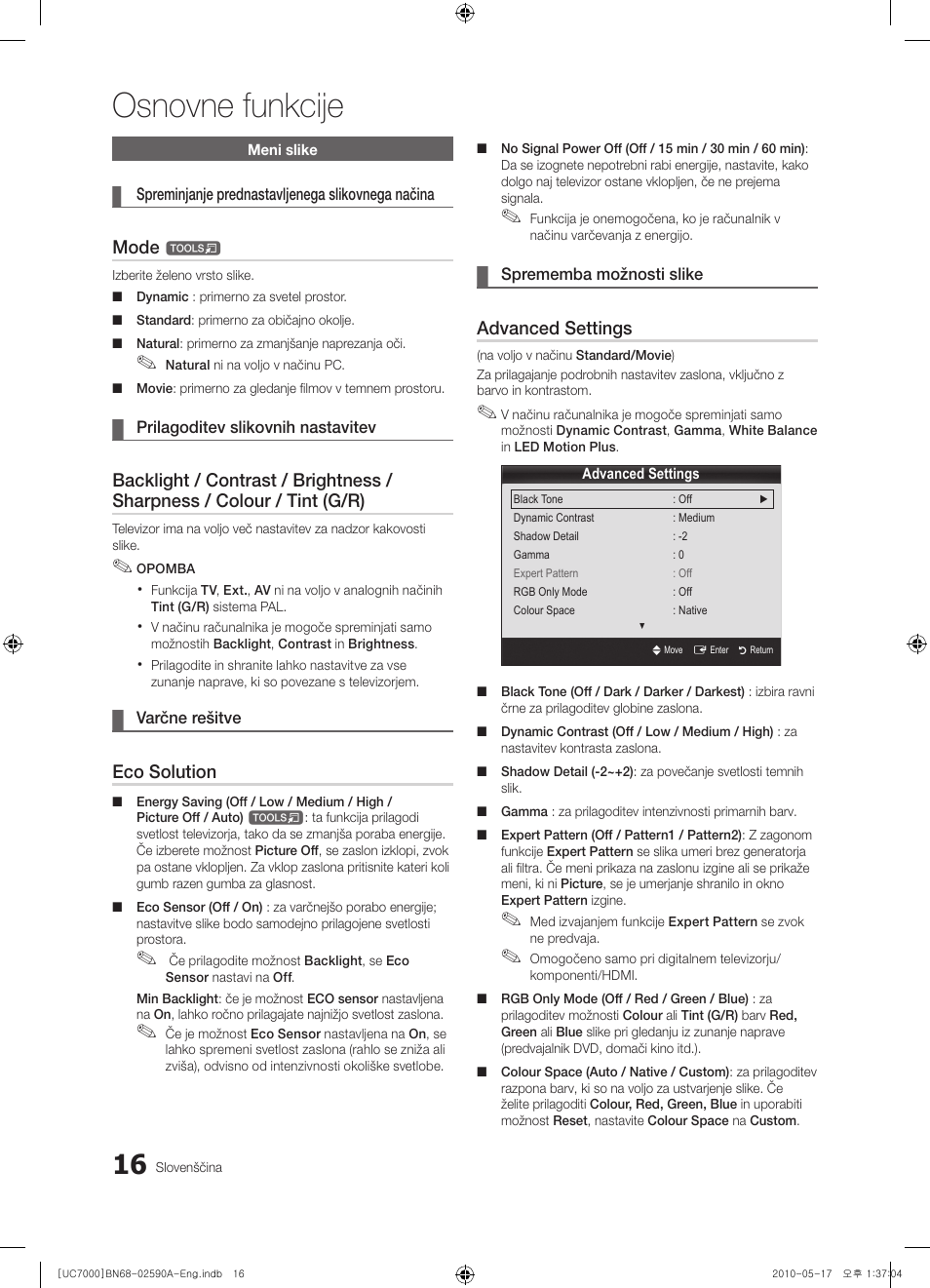 Osnovne funkcije, Mode, Eco solution | Advanced settings | Samsung UE40C7000WW User Manual | Page 264 / 374