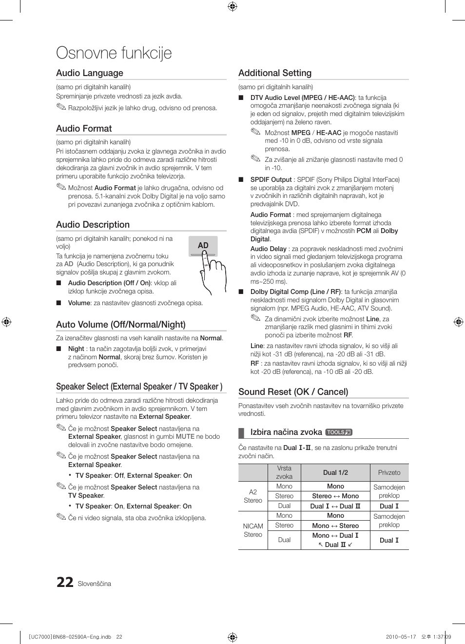 Osnovne funkcije, Audio language, Audio format | Audio description, Auto volume (off/normal/night), Speaker select (external speaker / tv speaker ), Additional setting, Sound reset (ok / cancel) | Samsung UE40C7000WW User Manual | Page 270 / 374