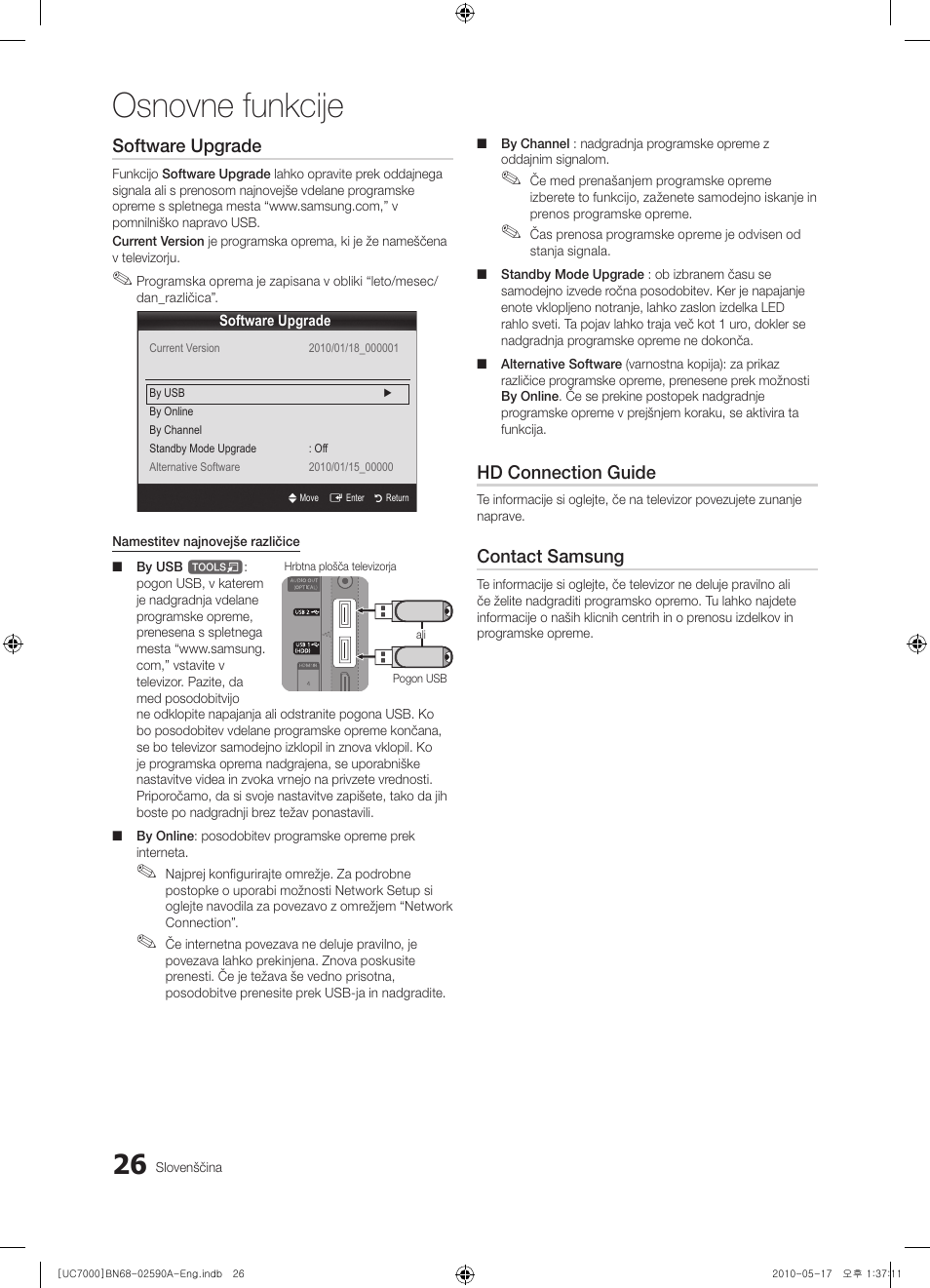 Osnovne funkcije, Software upgrade, Hd connection guide | Contact samsung | Samsung UE40C7000WW User Manual | Page 274 / 374