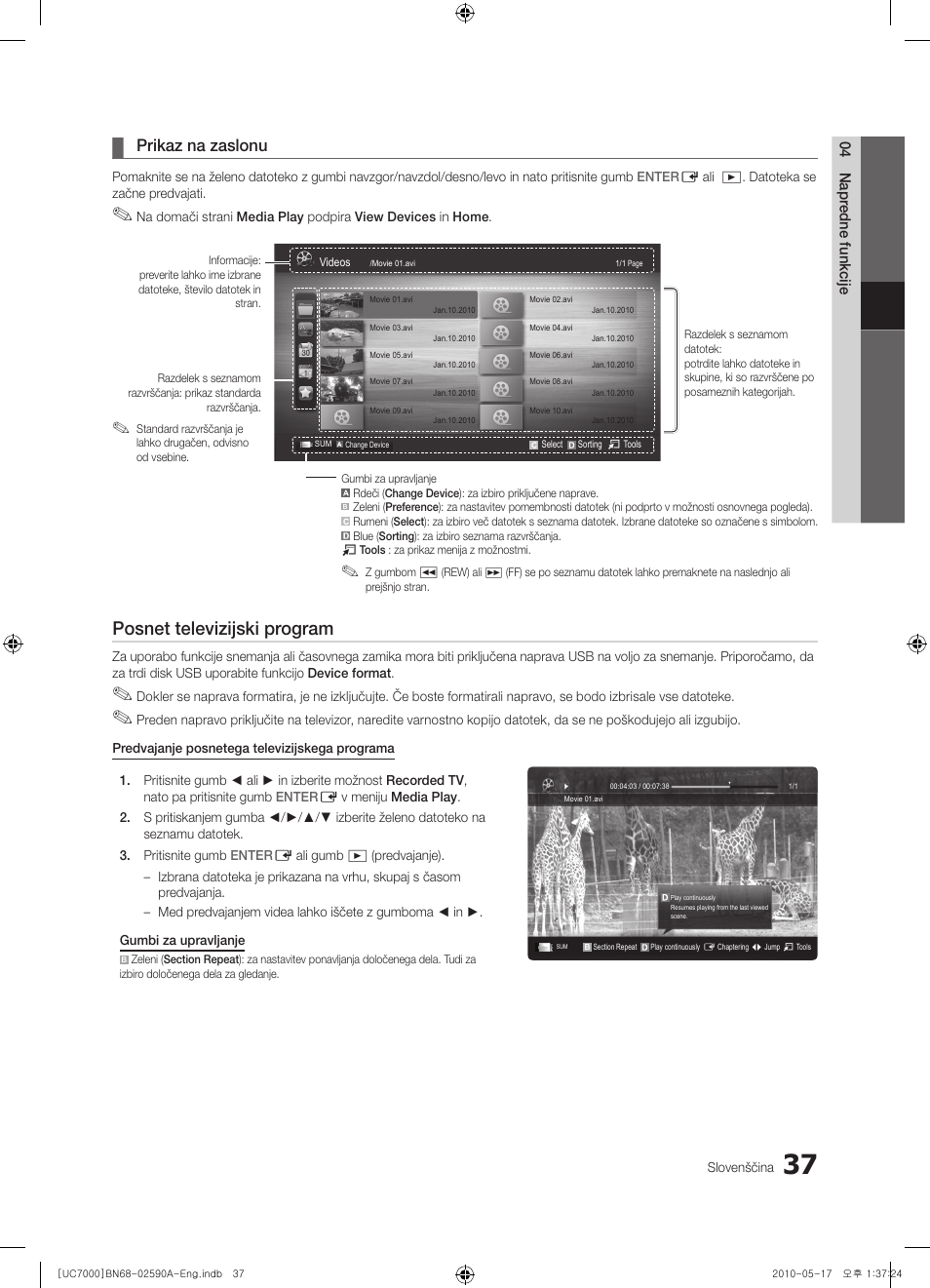 Posnet televizijski program, Prikaz na zaslonu | Samsung UE40C7000WW User Manual | Page 285 / 374