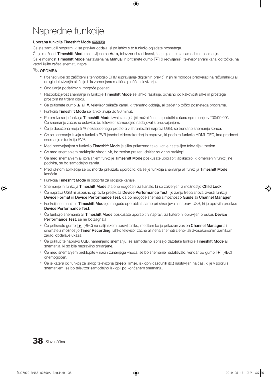 Napredne funkcije | Samsung UE40C7000WW User Manual | Page 286 / 374