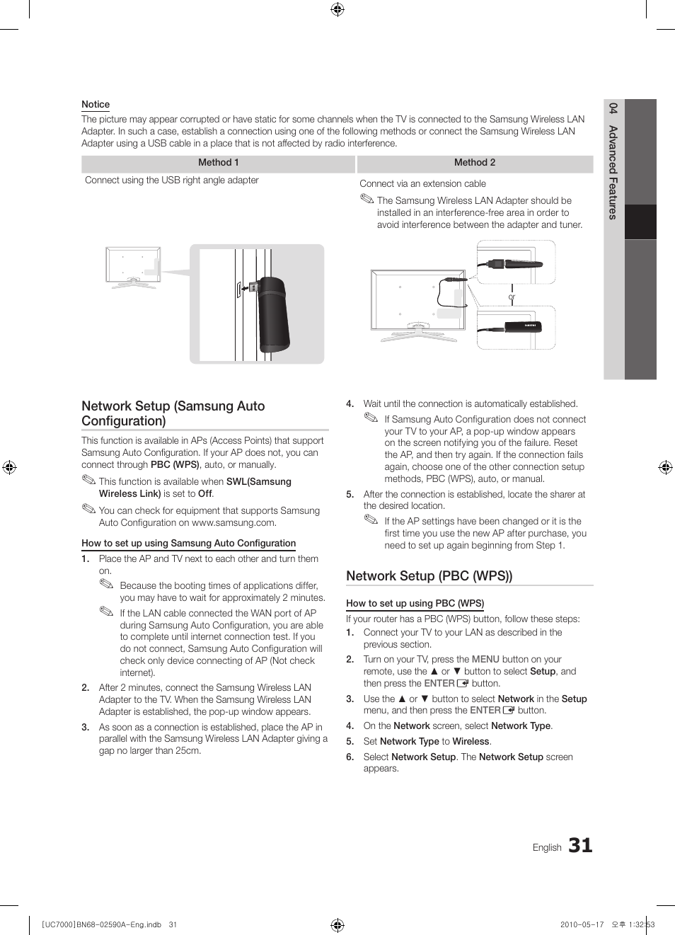 Network setup (samsung auto configuration), Network setup (pbc (wps)) | Samsung UE40C7000WW User Manual | Page 31 / 374