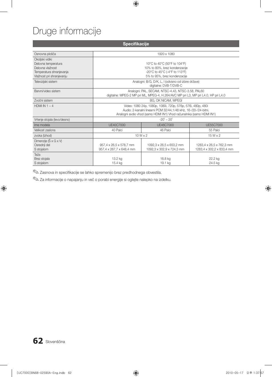 Druge informacije | Samsung UE40C7000WW User Manual | Page 310 / 374