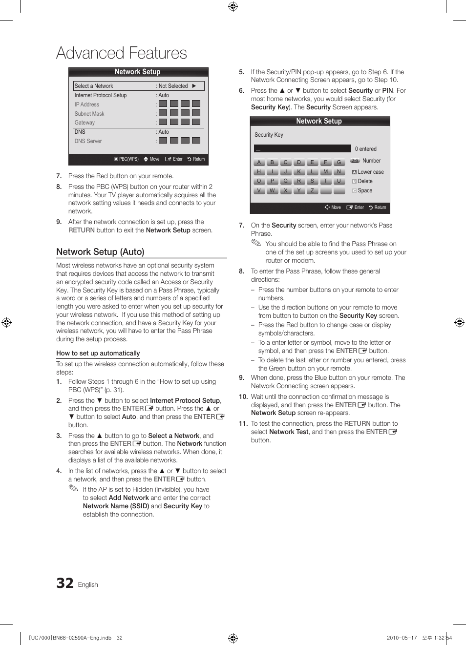 Advanced features, Network setup (auto) | Samsung UE40C7000WW User Manual | Page 32 / 374