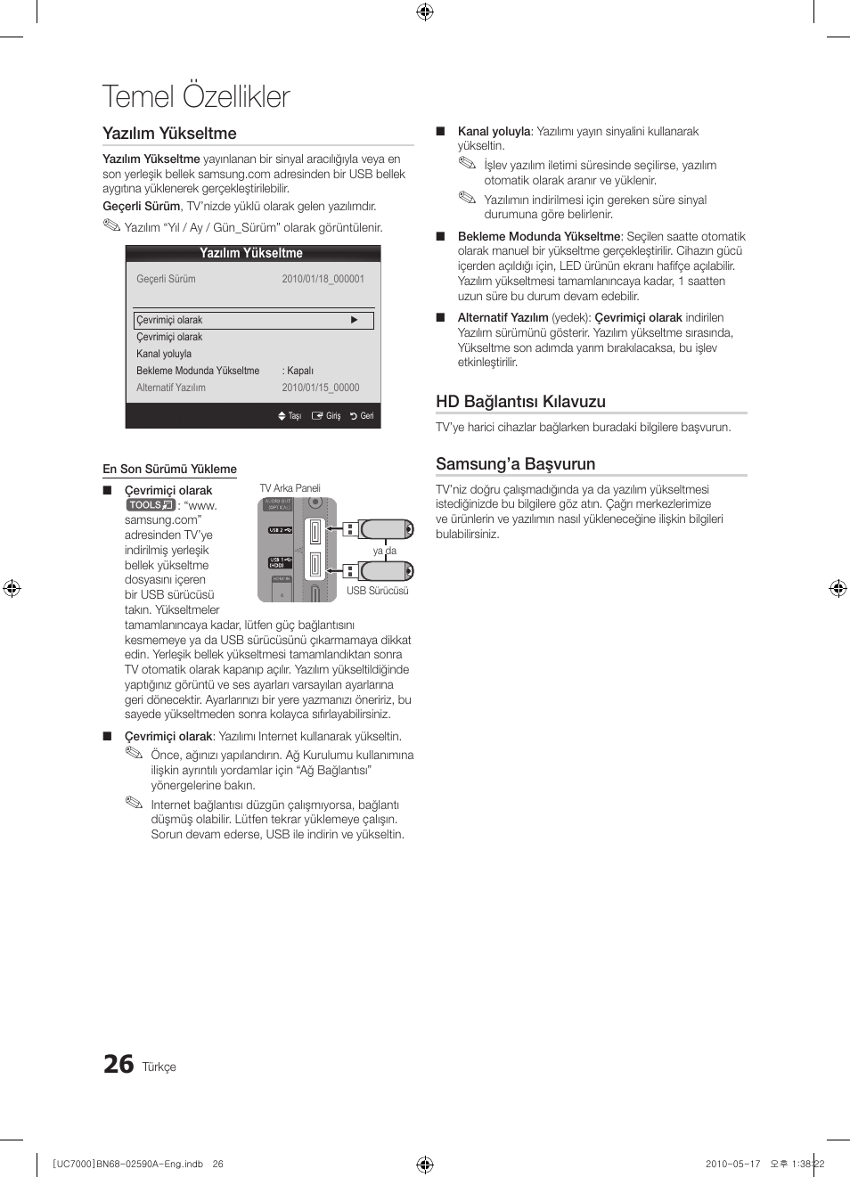 Temel özellikler, Yazılım yükseltme, Hd bağlantısı kılavuzu | Samsung’a başvurun | Samsung UE40C7000WW User Manual | Page 336 / 374