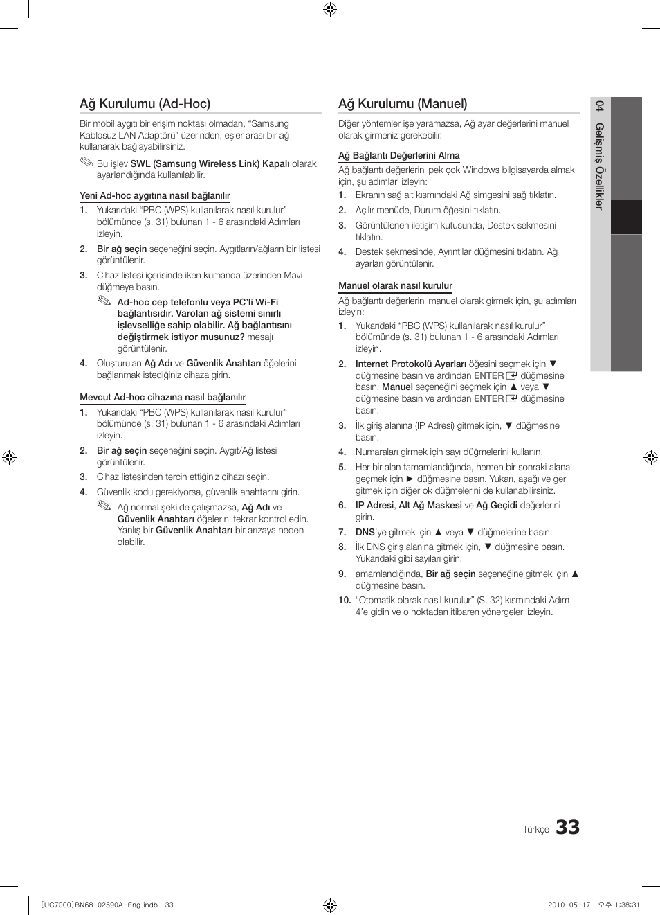 Ağ kurulumu (ad-hoc), Ağ kurulumu (manuel) | Samsung UE40C7000WW User Manual | Page 343 / 374