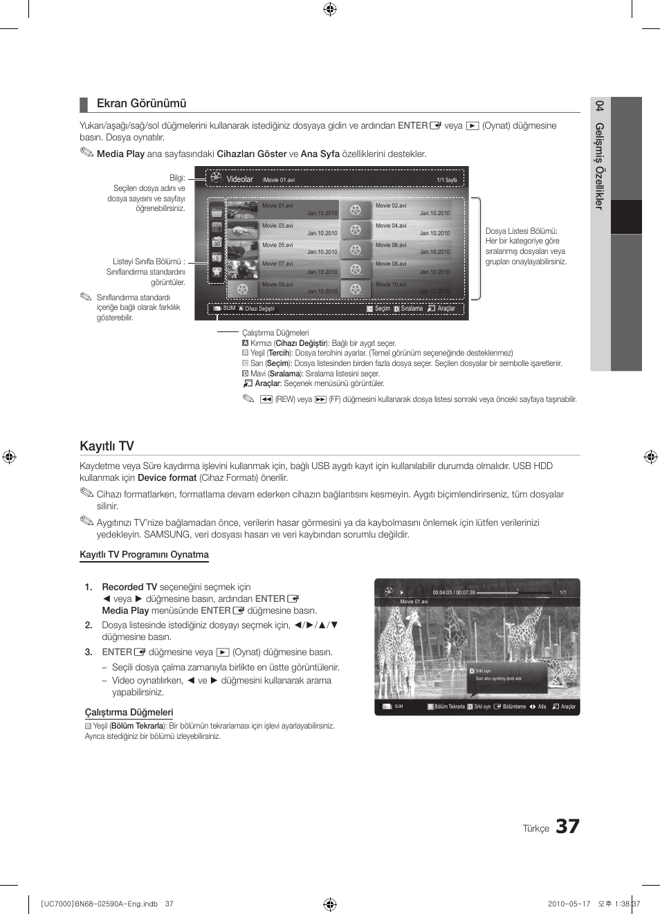 Kayıtlı tv, Ekran görünümü | Samsung UE40C7000WW User Manual | Page 347 / 374