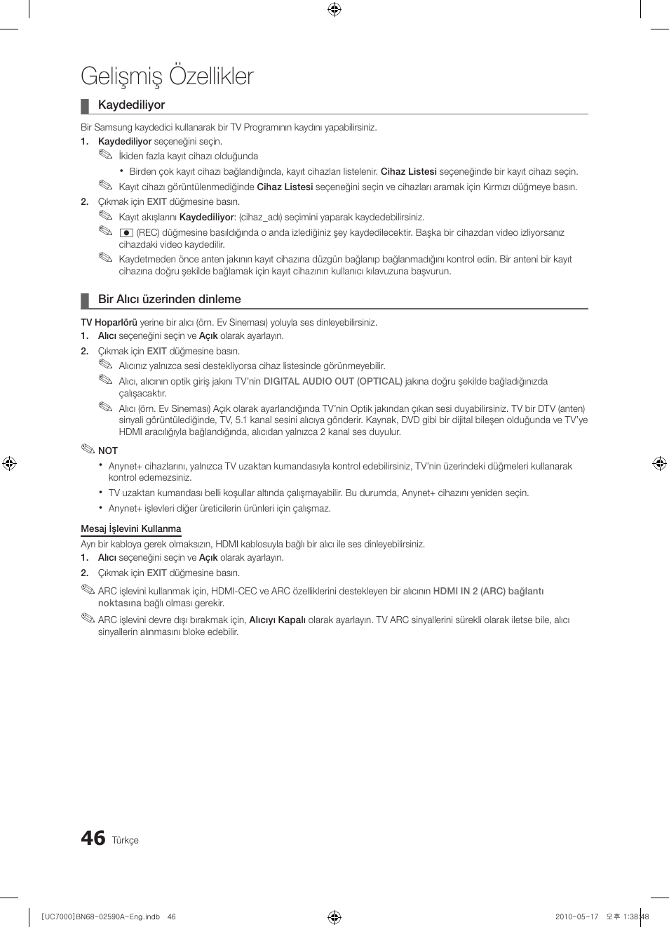 Gelişmiş özellikler | Samsung UE40C7000WW User Manual | Page 356 / 374