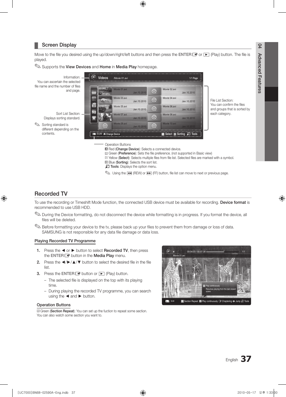 Recorded tv, Screen display | Samsung UE40C7000WW User Manual | Page 37 / 374