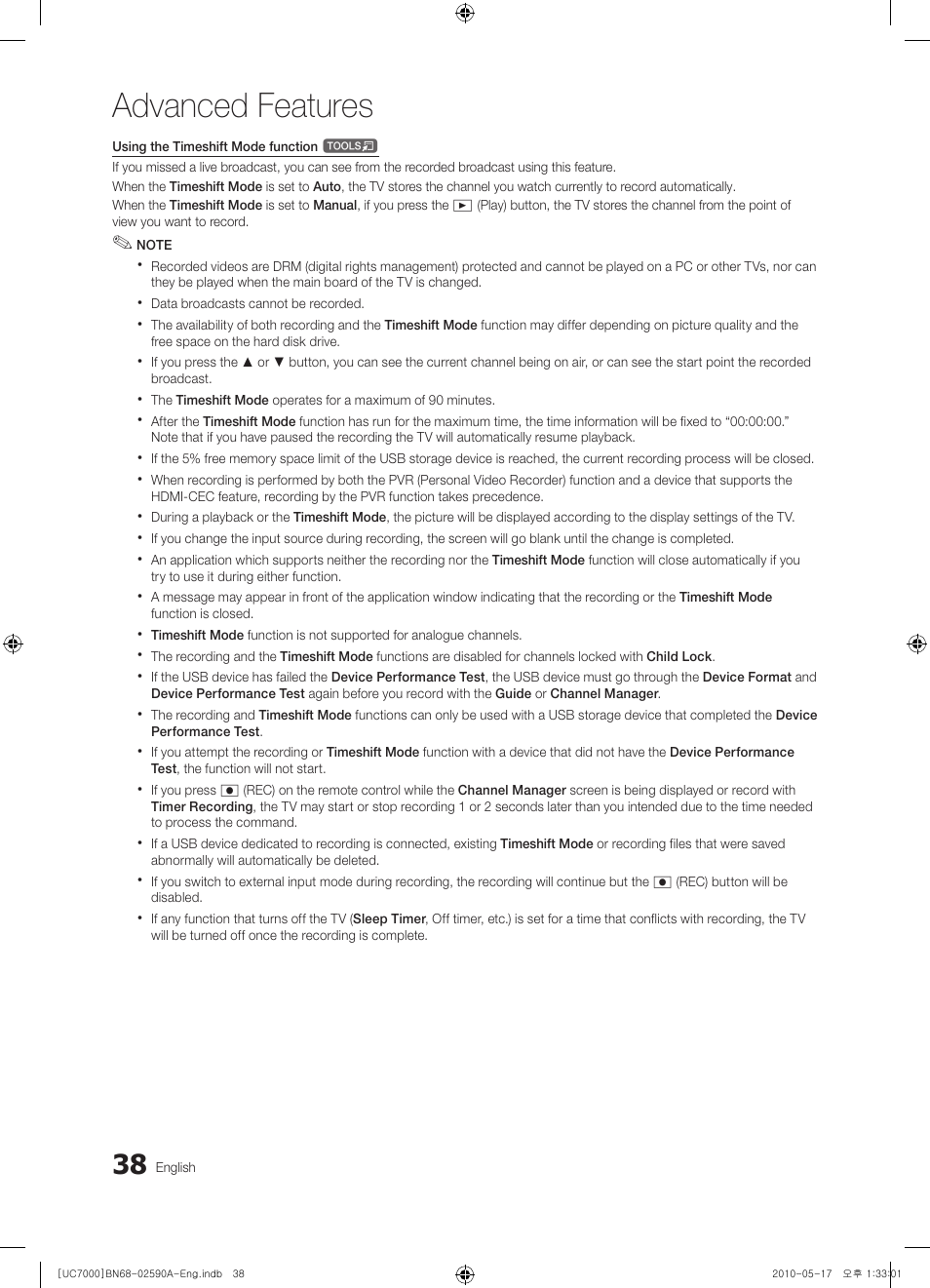 Advanced features | Samsung UE40C7000WW User Manual | Page 38 / 374