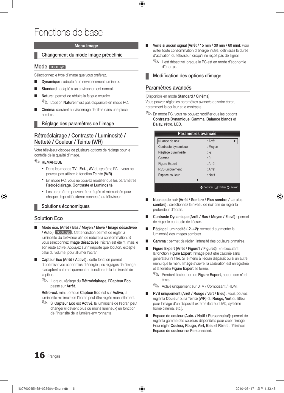 Fonctions de base, Mode, Solution eco | Paramètres avancés | Samsung UE40C7000WW User Manual | Page 78 / 374